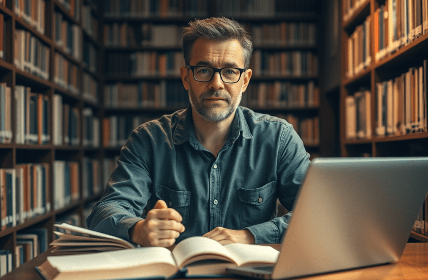 Mature student reviewing academic research while considering a PhD application