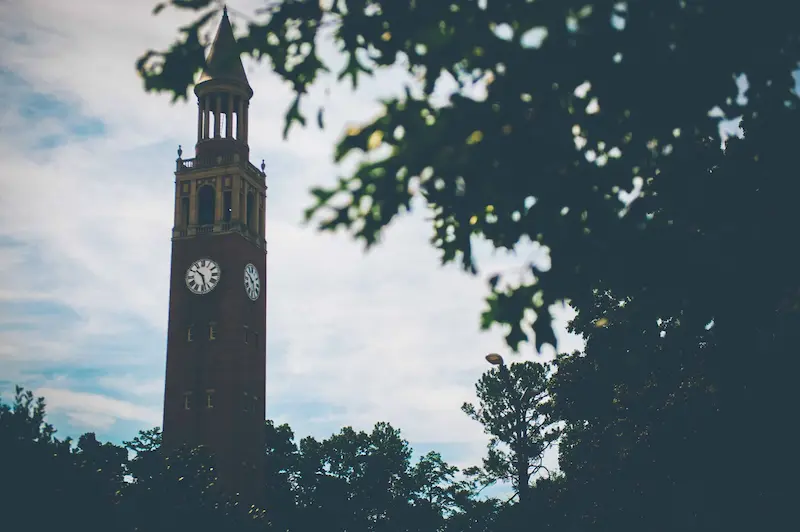 UNC tower with trees at dusk