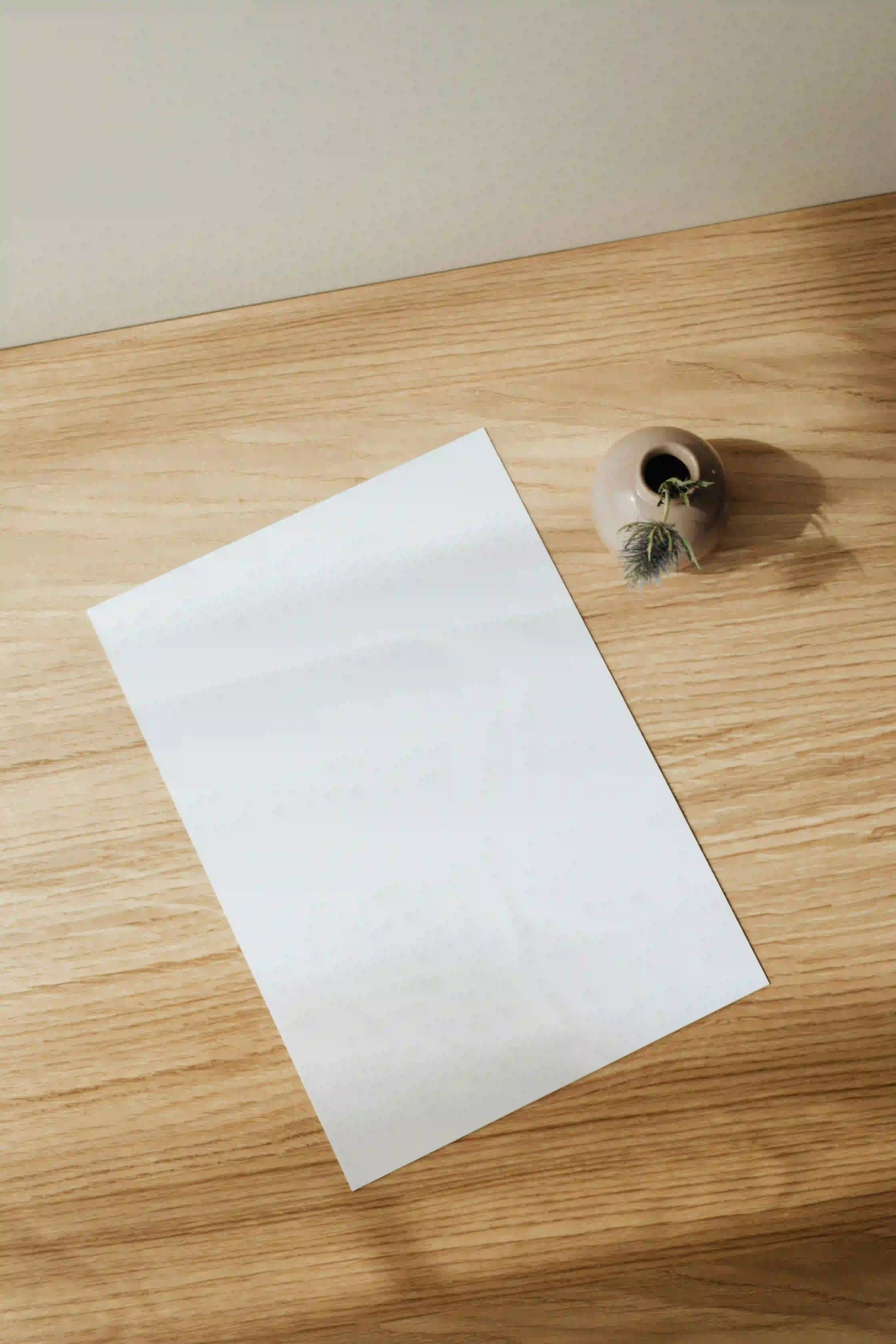 Blank sheet of paper on a wooden desk beside a small vase, symbolizing the starting point for writing a MPP statement of purpose.