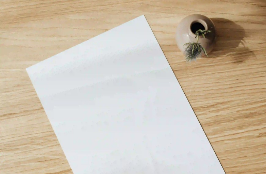 Blank sheet of paper on a wooden desk beside a small vase, symbolizing the starting point for writing a MPP statement of purpose.