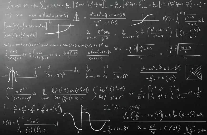 Blackboard filled with advanced math equations, integrals, and graphs symbolizing the complexity of applying to graduate school.