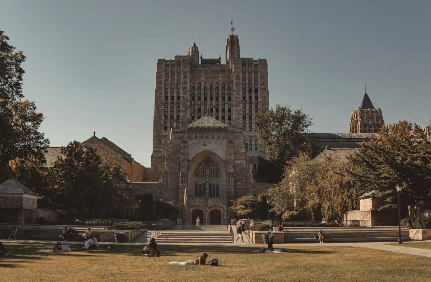 Yale University students relaxing on the lawn in front of Sterling Memorial Library on a sunny afternoon