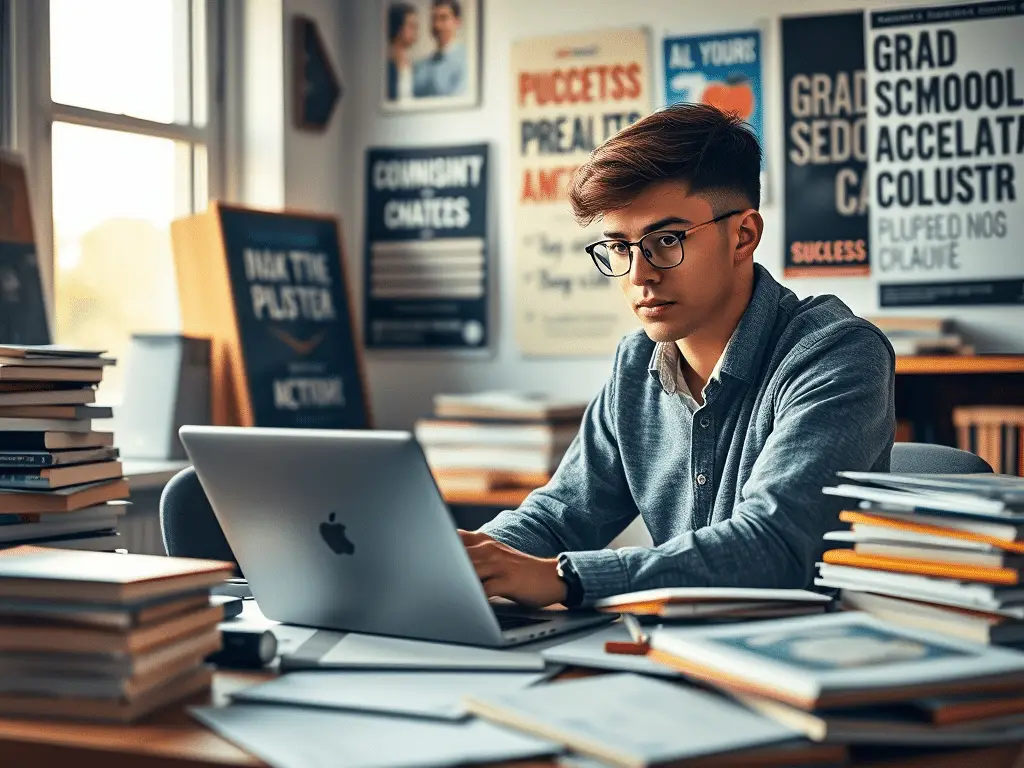 Focused student studying at a desk surrounded by books and using a laptop in a university library or academic setting