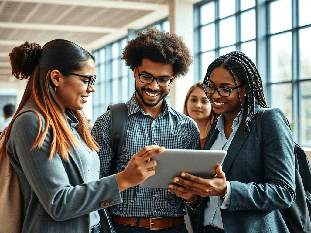 students comparing MBA acceptance rates on tablet while researching business schools