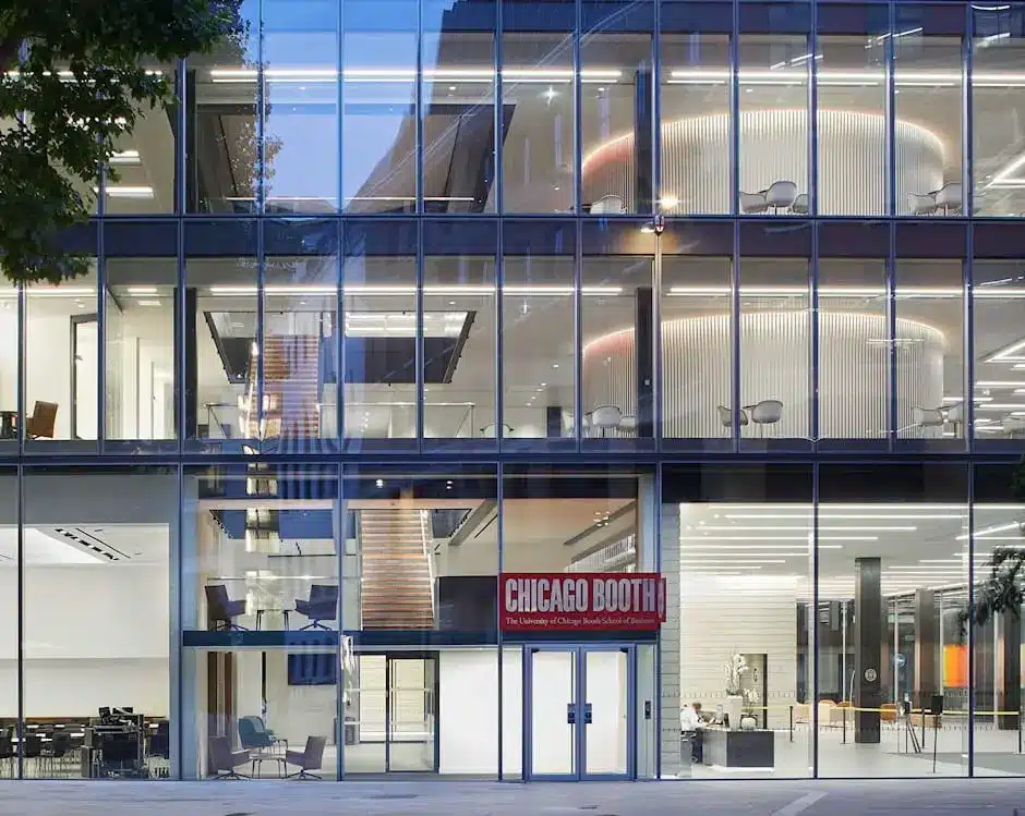 Chicago Booth building viewed across campus for Booth MBA interview 2025