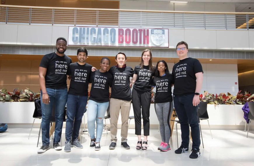 Booth MBA students collaborating on campus — Booth MBA essays blog hero image