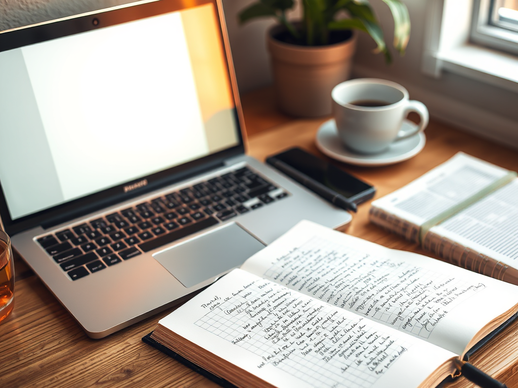 Laptop and notes for writing statement of purpose examples while preparing graduate school applications