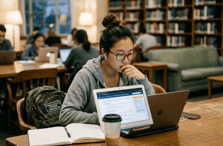 Student reviewing MPH requirements including GPA GRE and application materials on laptop