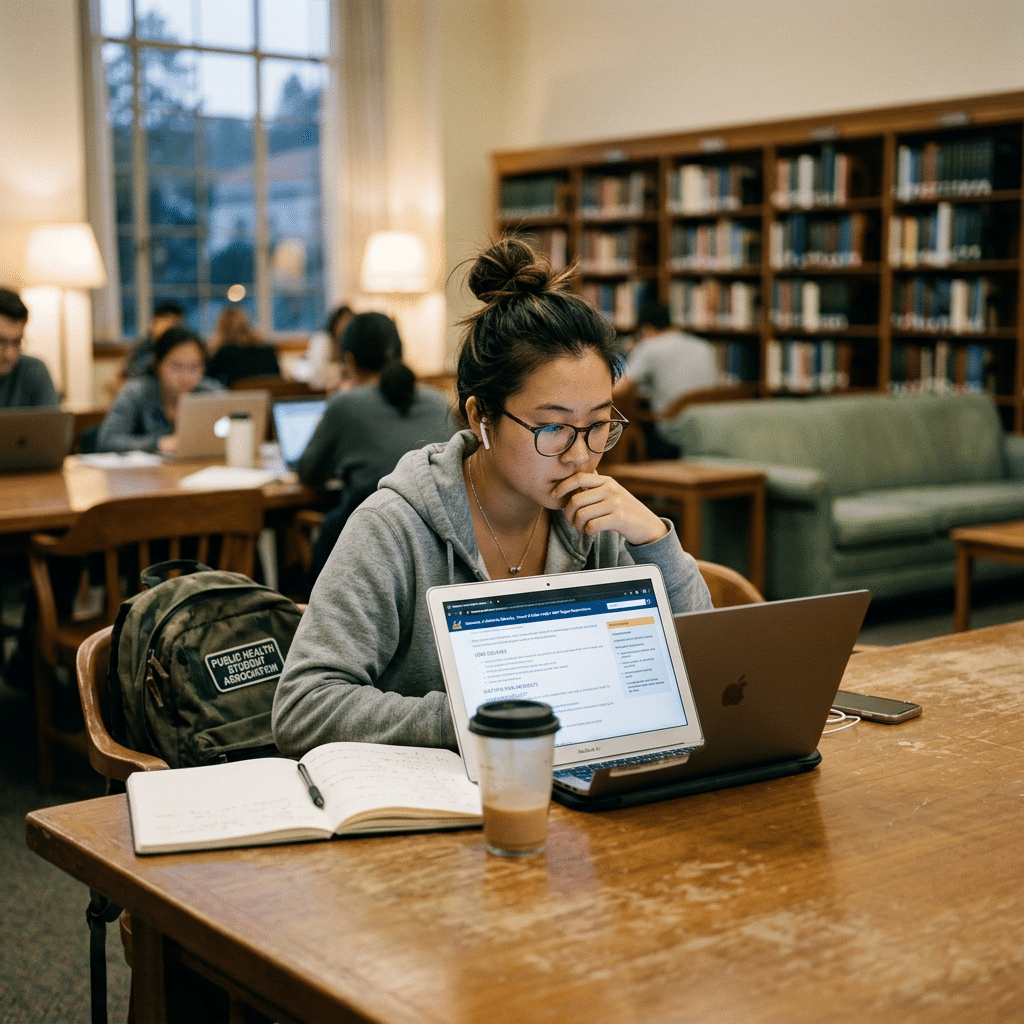 Student reviewing MPH requirements including GPA GRE and application materials on laptop