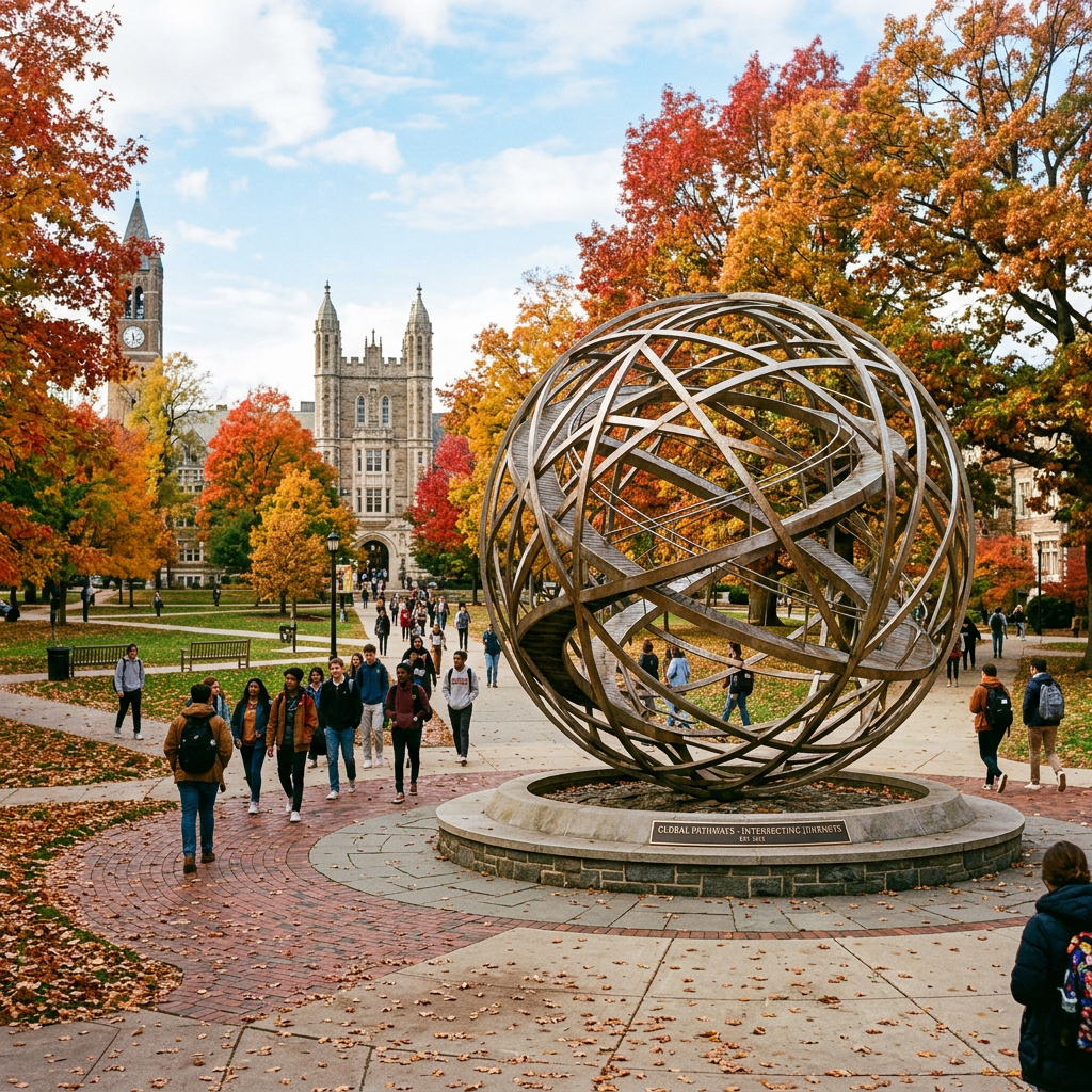 Metal globe sculpture titled 'Global Pathways - Intersecting Journeys' on university campus with students walking and autumn trees