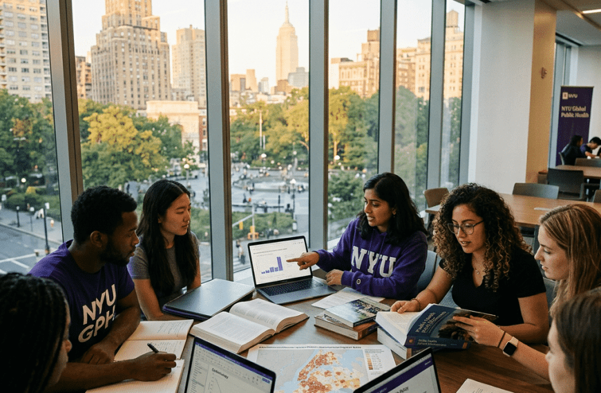 Group of diverse students studying and discussing public health data at a table NYU MPH Acceptance Rate