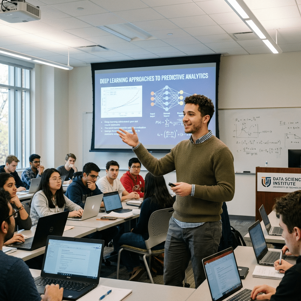 Student presenting data science project in Columbia University classroom setting
