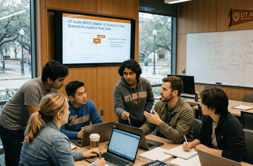 Group of students discussing data science acceptance rate data around a table with laptops and notebooks UT Austin Data Science Master’s Acceptance Rate