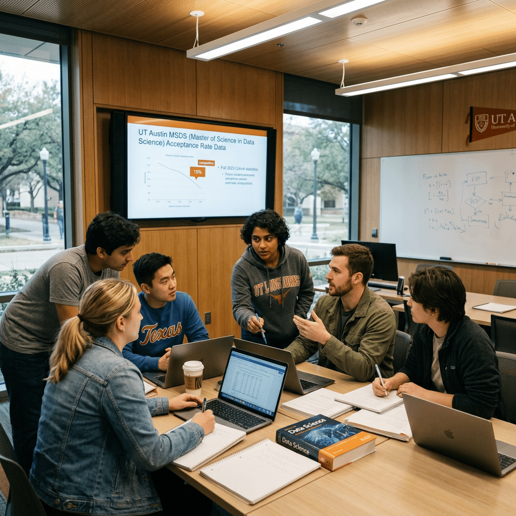 Group of students discussing data science acceptance rate data around a table with laptops and notebooks UT Austin Data Science Master’s Acceptance Rate