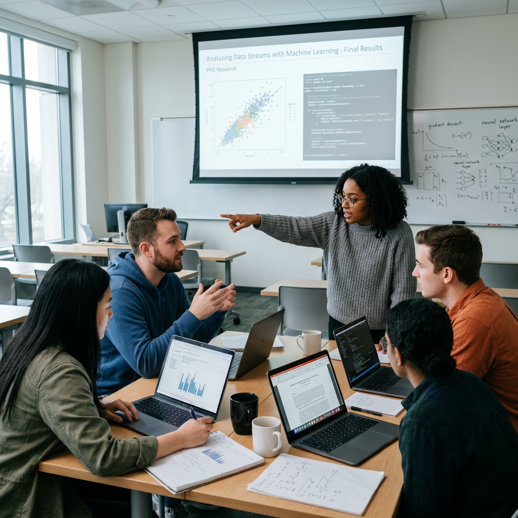 Five people discussing data analysis and machine learning with laptops and notes Best Data Science PhD Programs: