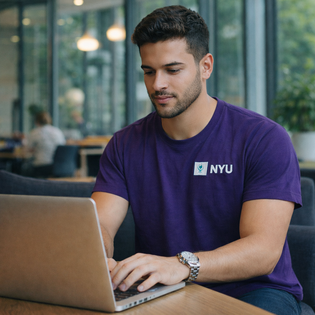 Man wearing purple NYU t-shirt typing on laptop in lounge looking up NYU Data Science PhD Acceptance Rate