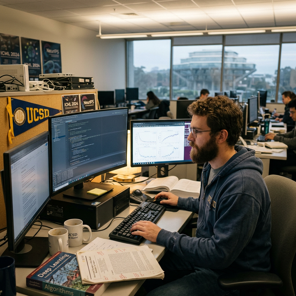 Graduate student coding with three computer screens displaying code and graphs in a UCSD lab