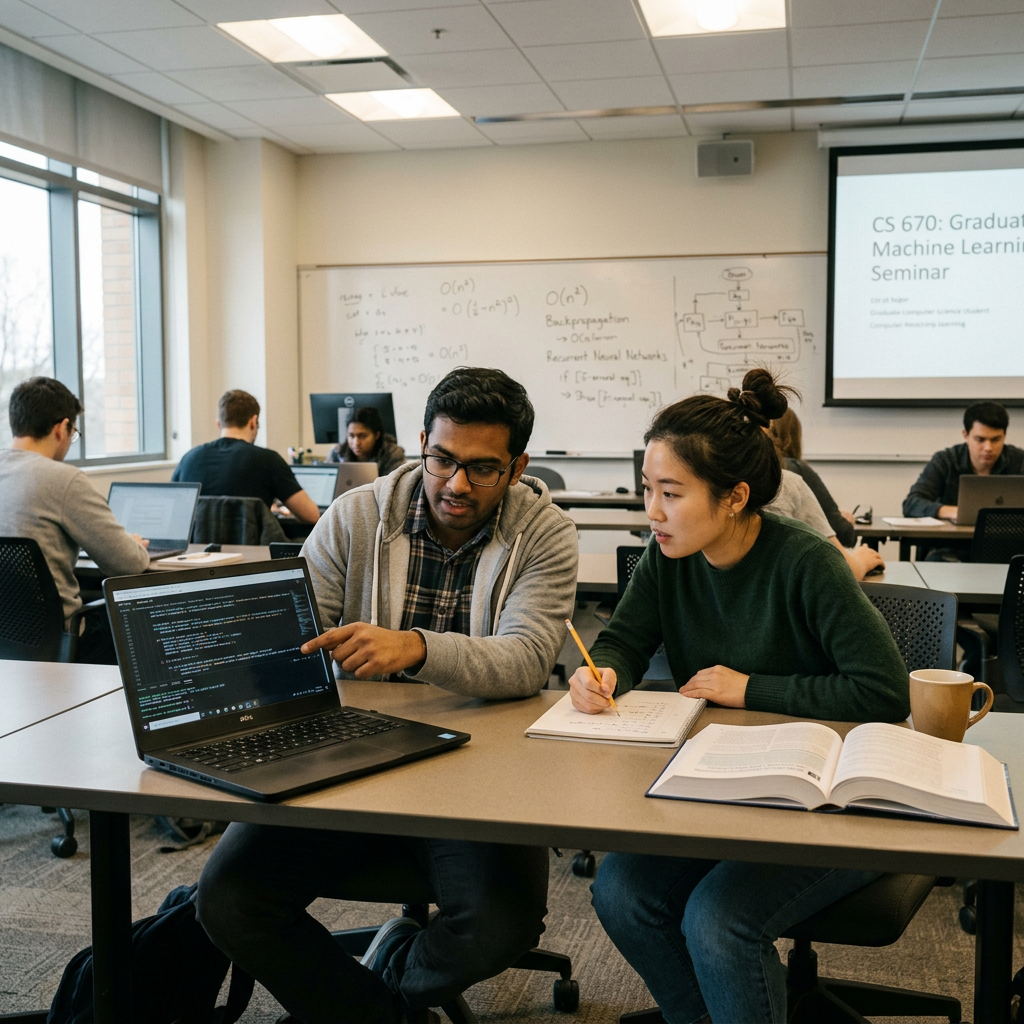 Two students discussing code on a laptop in a classroom with open textbooks and discussion MIT Computer Science PhD Acceptance Rate
