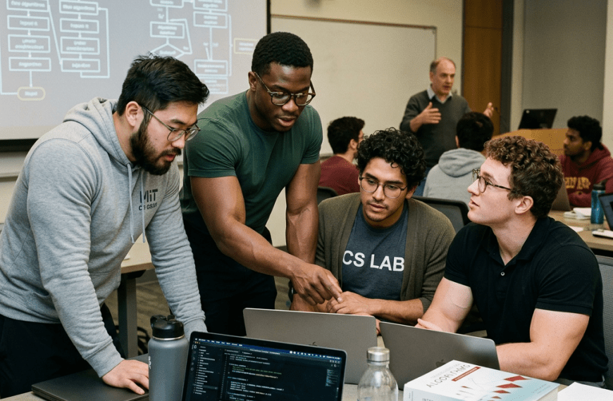 Four students discussing Stanford Computer Science PhD Acceptance Rate on laptops during a computer science seminar