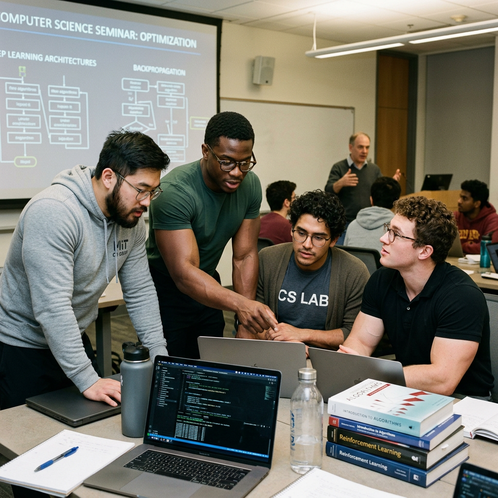 Four students discussing Stanford Computer Science PhD Acceptance Rate on laptops during a computer science seminar