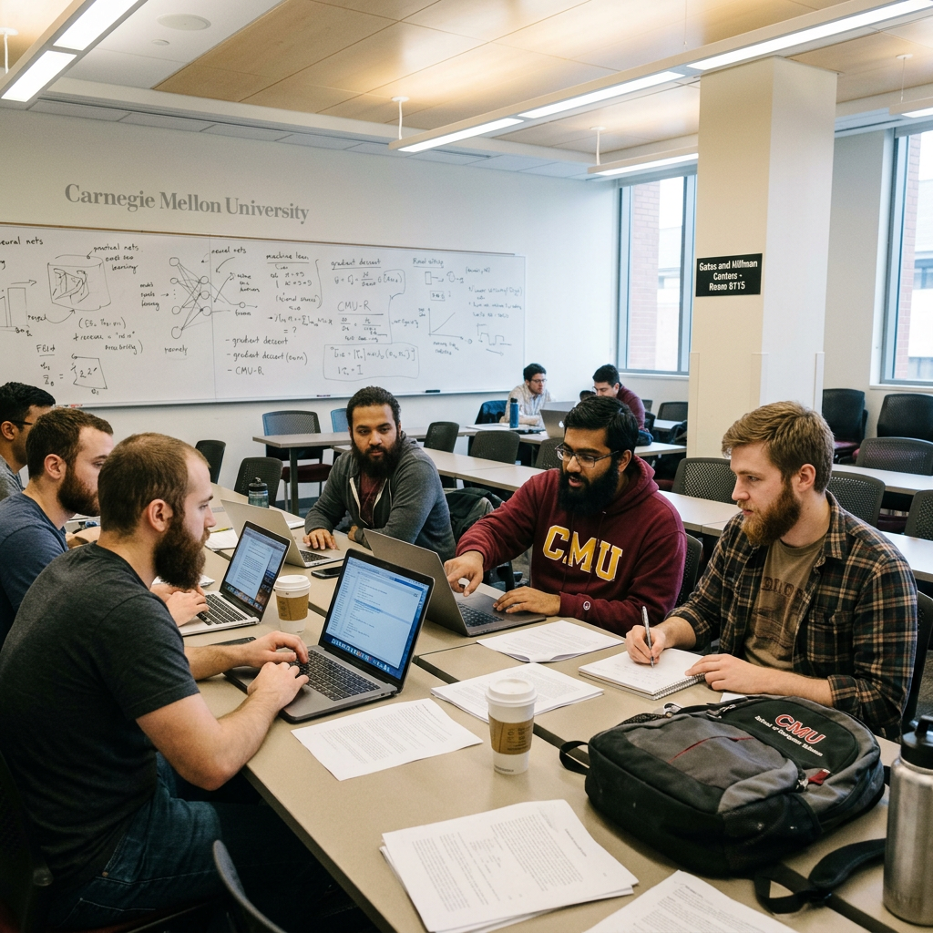 Group of students working together with laptops and notes in a Carnegie Mellon University classroom looking at the Carnegie Mellon Computer Science PhD Acceptance Rate