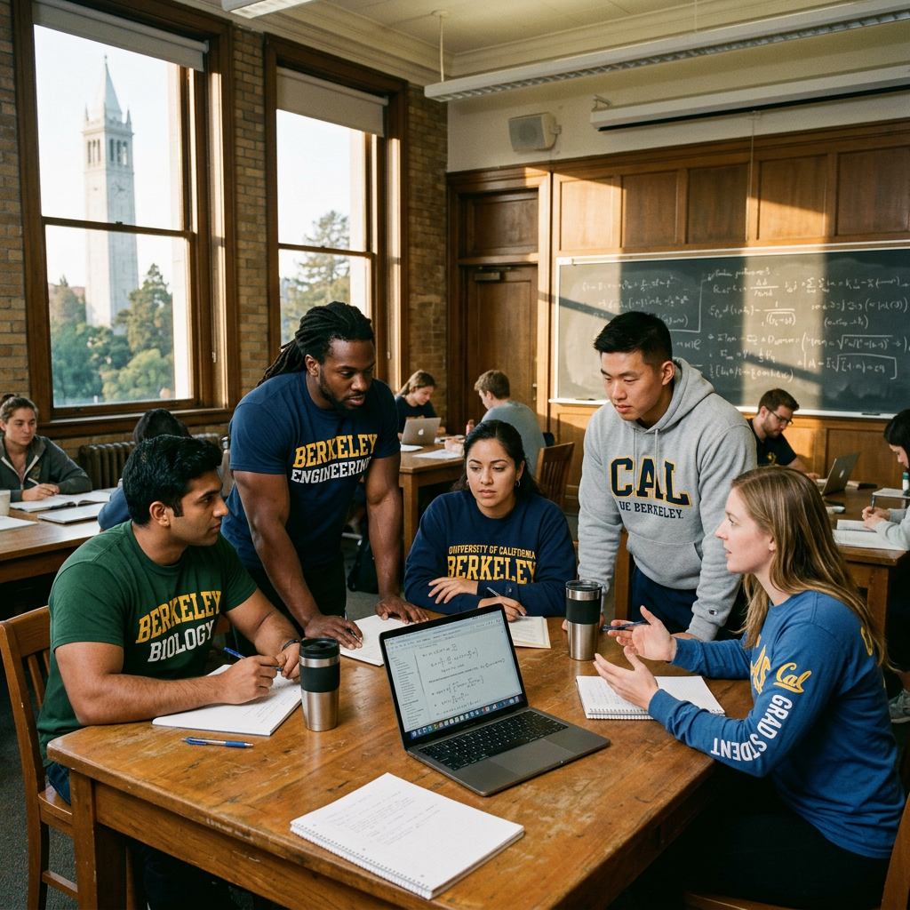 Five Berkeley students studying together around a table with notes and laptop and discussing UC Berkeley CS PhD Acceptance Rate