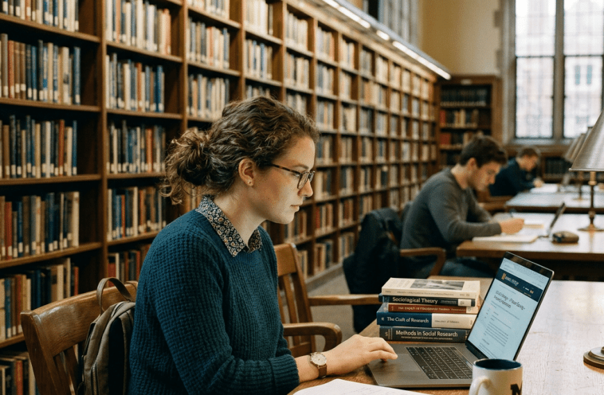 Student working on a laptop with study materials in a library filled with bookshelves looking at Best Computer Science PhD Programs