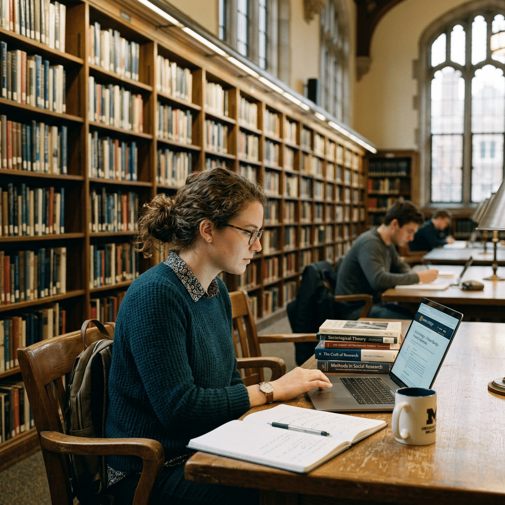 Student working on a laptop with study materials in a library filled with bookshelves looking at Best Computer Science PhD Programs