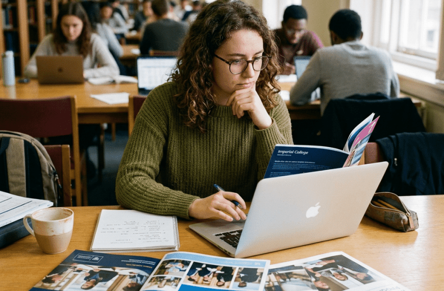 Student reading university prospectus and using laptop in library and thinking about How to Choose a Graduate Program