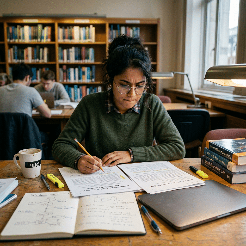 Student reading and highlighting academic papers at a library table focusing on becoming a Competitive PhD Applicant