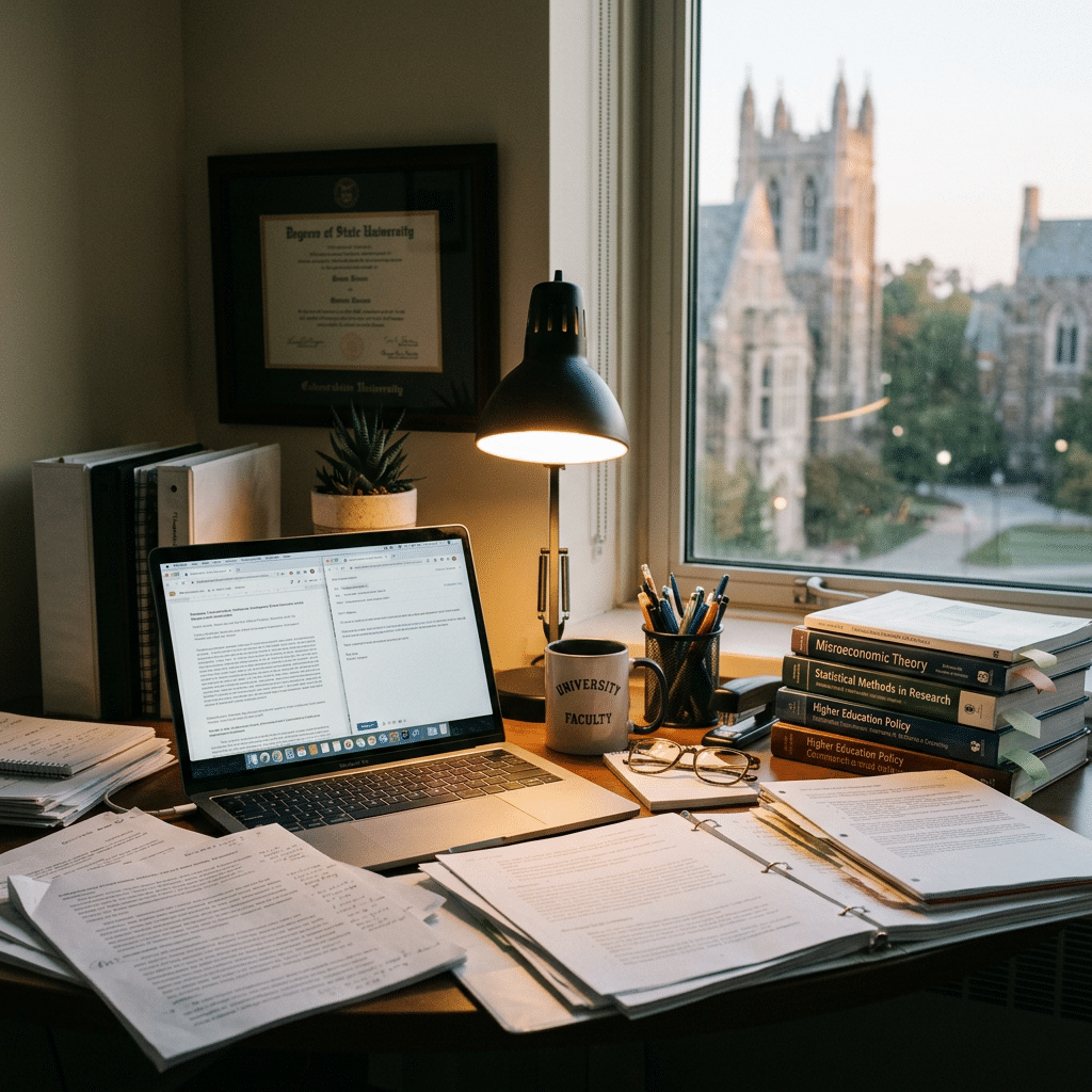 Study desk with laptop, papers, university books, lamp, and mug,the perfect setting to find answer to the What PhD Program Is Right For Me question.