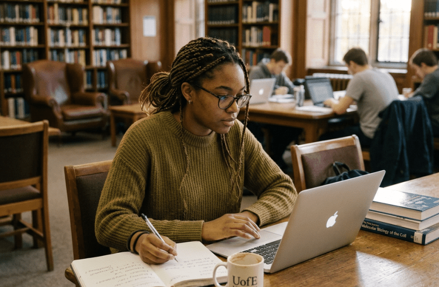 Student writing notes and using a laptop in a library to look for ways to How to Find a PhD Program