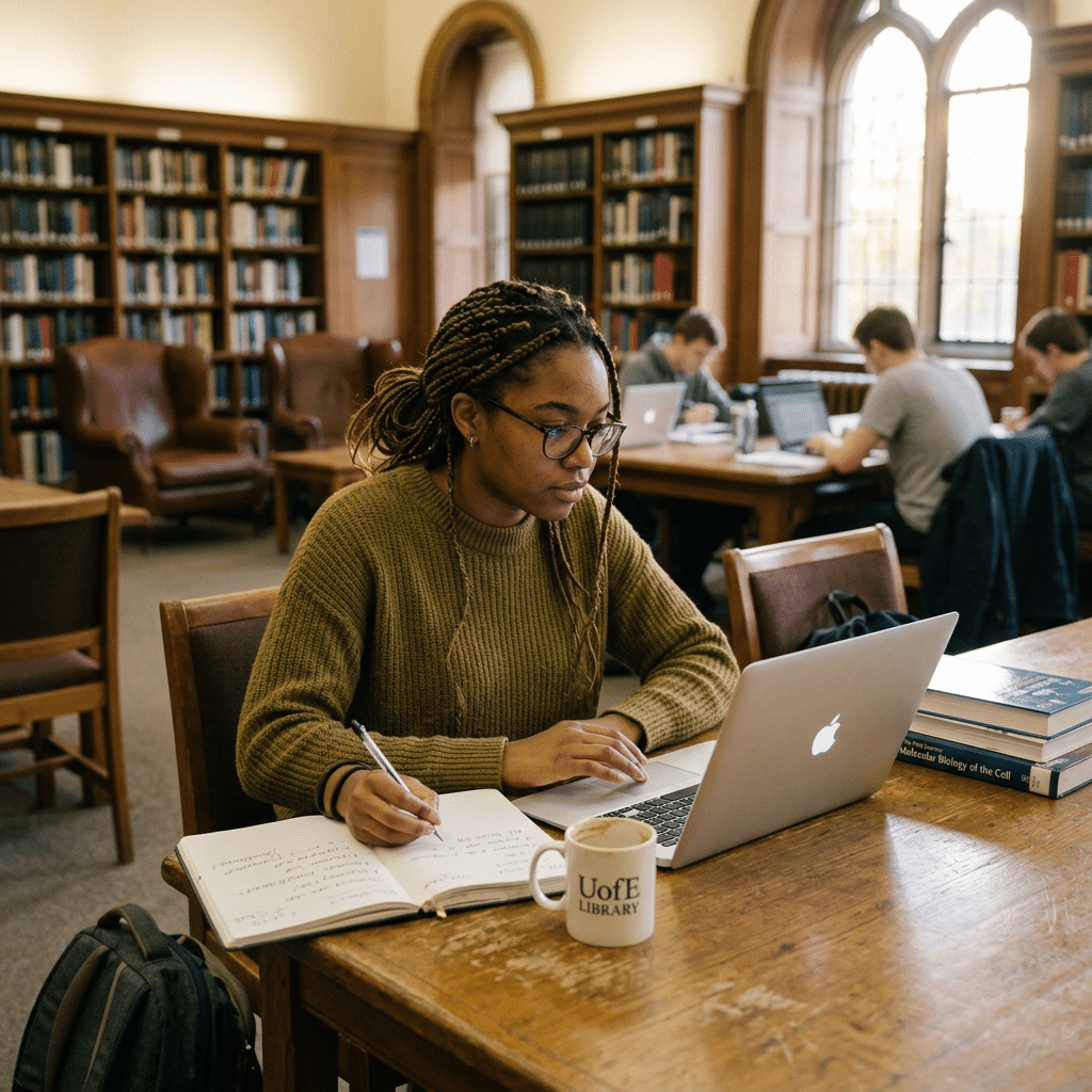 Student writing notes and using a laptop in a library to look for ways to How to Find a PhD Program