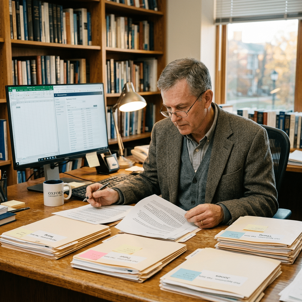 Man in office reading and annotating academic papers surrounded by folders What Do PhD Programs Look For in Applicants?