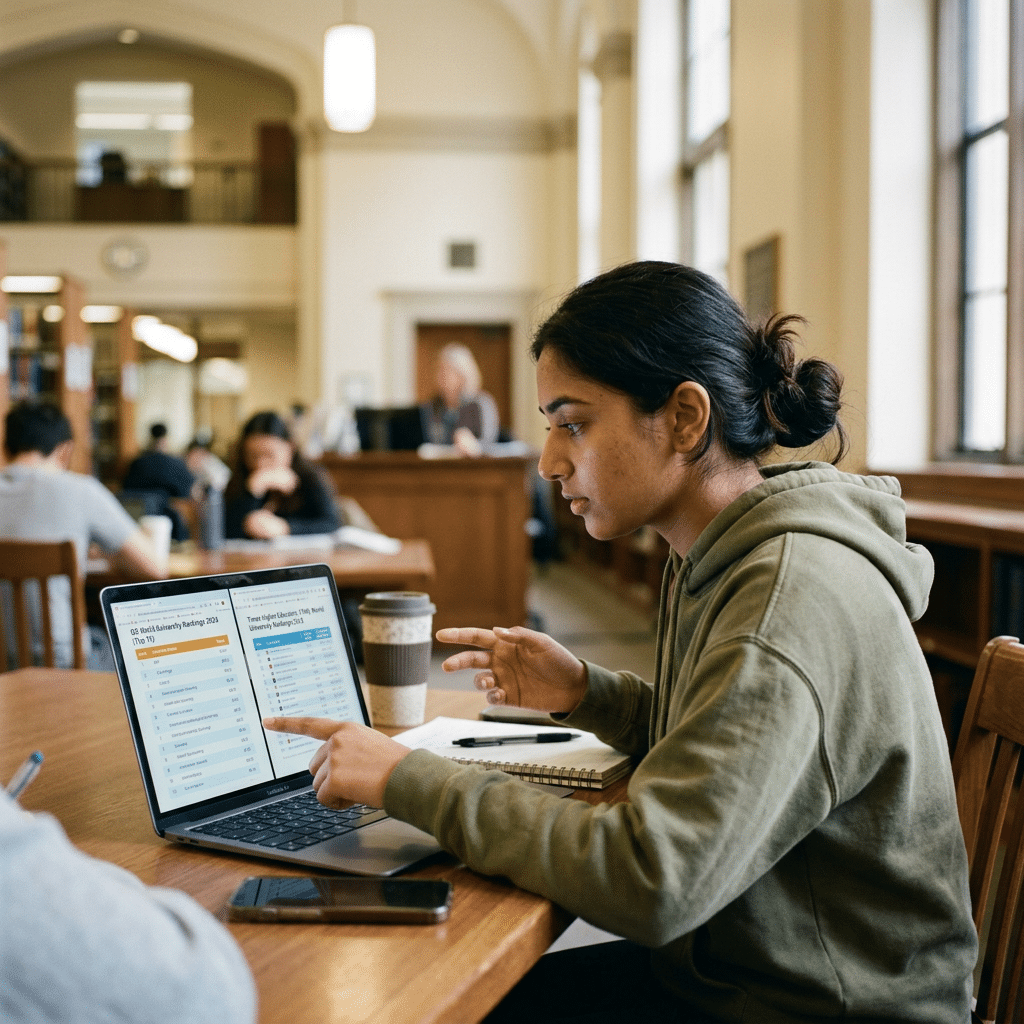 Student reviewing UK university rankings data on a laptop in a library wondering: PhD Rankings: Do They Actually Matter?