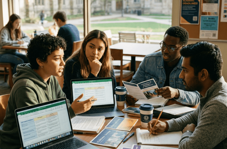 Four university students discussing study materials around a table with laptops and brochures and Questions to Ask Graduate Students Before Choosing a Graduate Program
