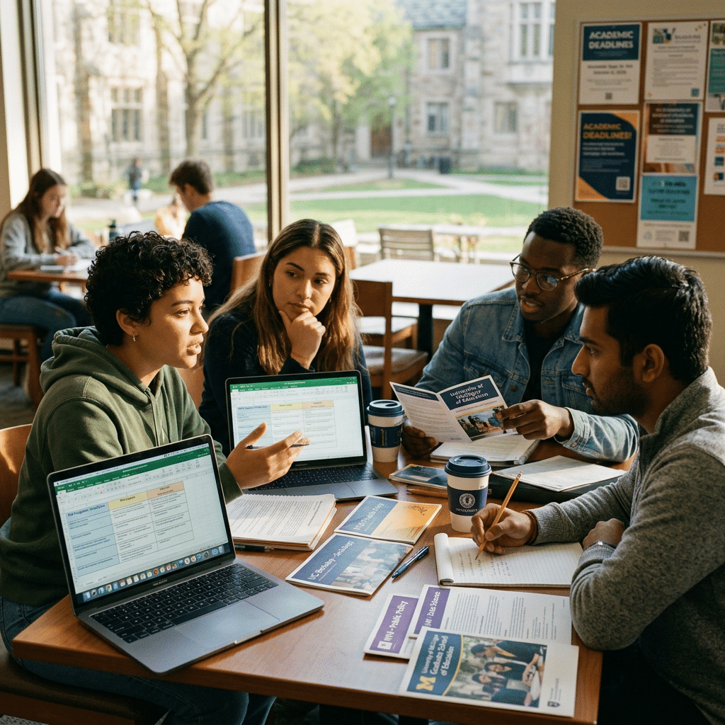 Four university students discussing study materials around a table with laptops and brochures and Questions to Ask Graduate Students Before Choosing a Graduate Program