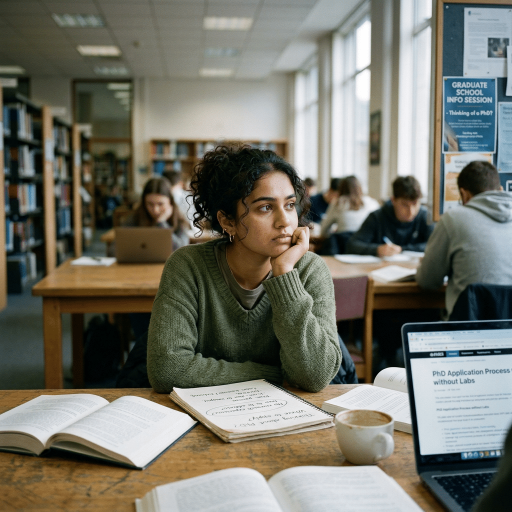 Student sitting at a library table surrounded by open books and a laptop, looking contemplative and thinking Can You Get Into a PhD Without Research Experience?
