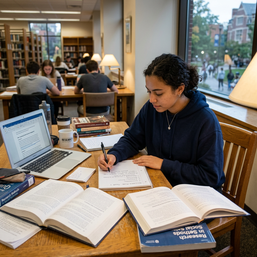 Student writing notes at a desk with open books and a laptop in a library thinking about How to Write Research Interests for a PhD Application