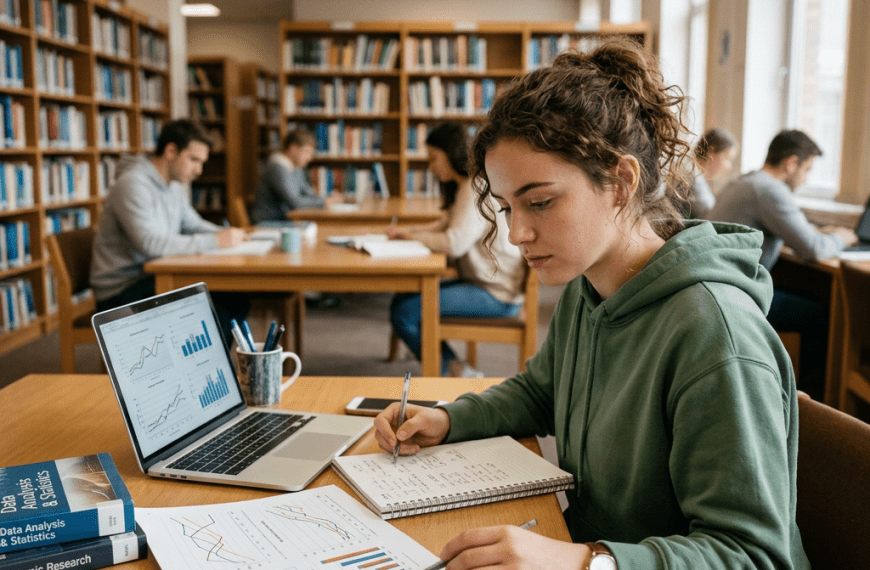 Student taking notes while studying data analysis charts in a library and thinking What Counts as Research Experience for PhD Applications?