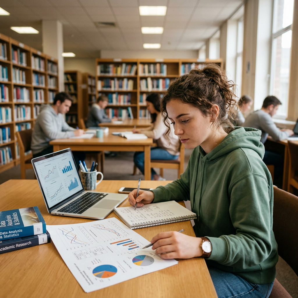 Student taking notes while studying data analysis charts in a library and thinking What Counts as Research Experience for PhD Applications?