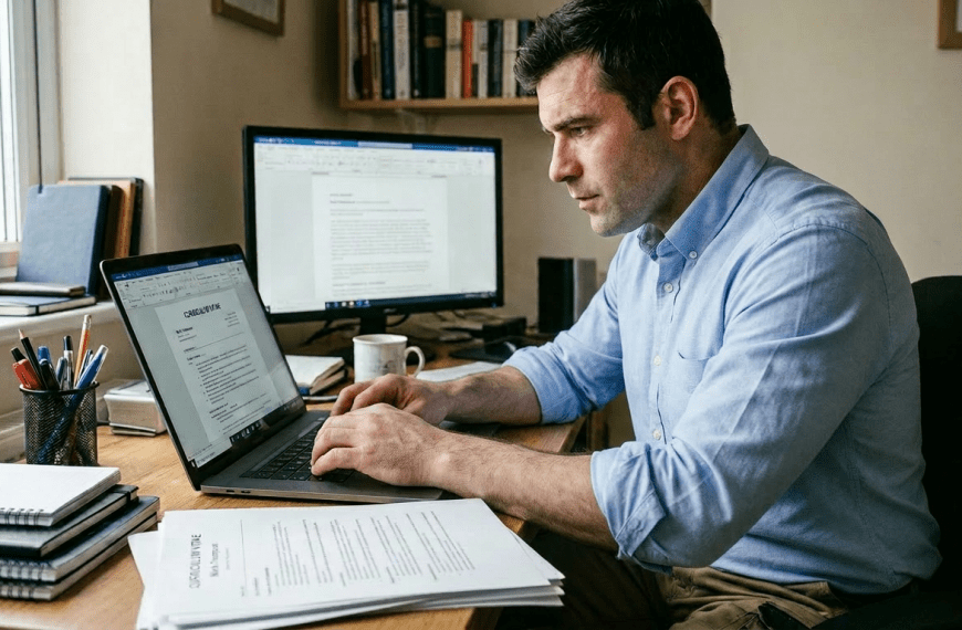 Man typing a curriculum vitae for his phd applications on a laptop with a second monitor and documents spread on the desk