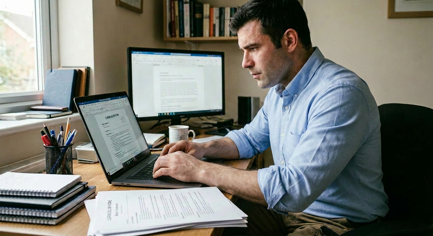 Man typing a curriculum vitae for his phd applications on a laptop with a second monitor and documents spread on the desk