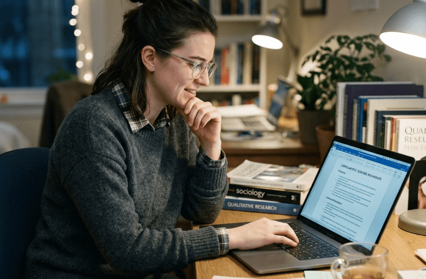 Student working on qualitative research document on laptop at desk CV Template for PhD Application