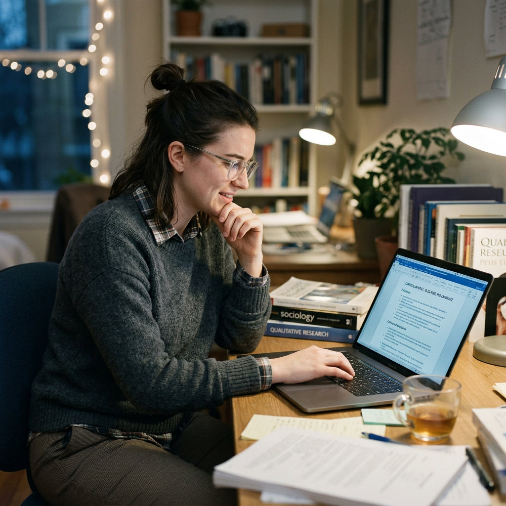 Student working on qualitative research document on laptop at desk CV Template for PhD Application