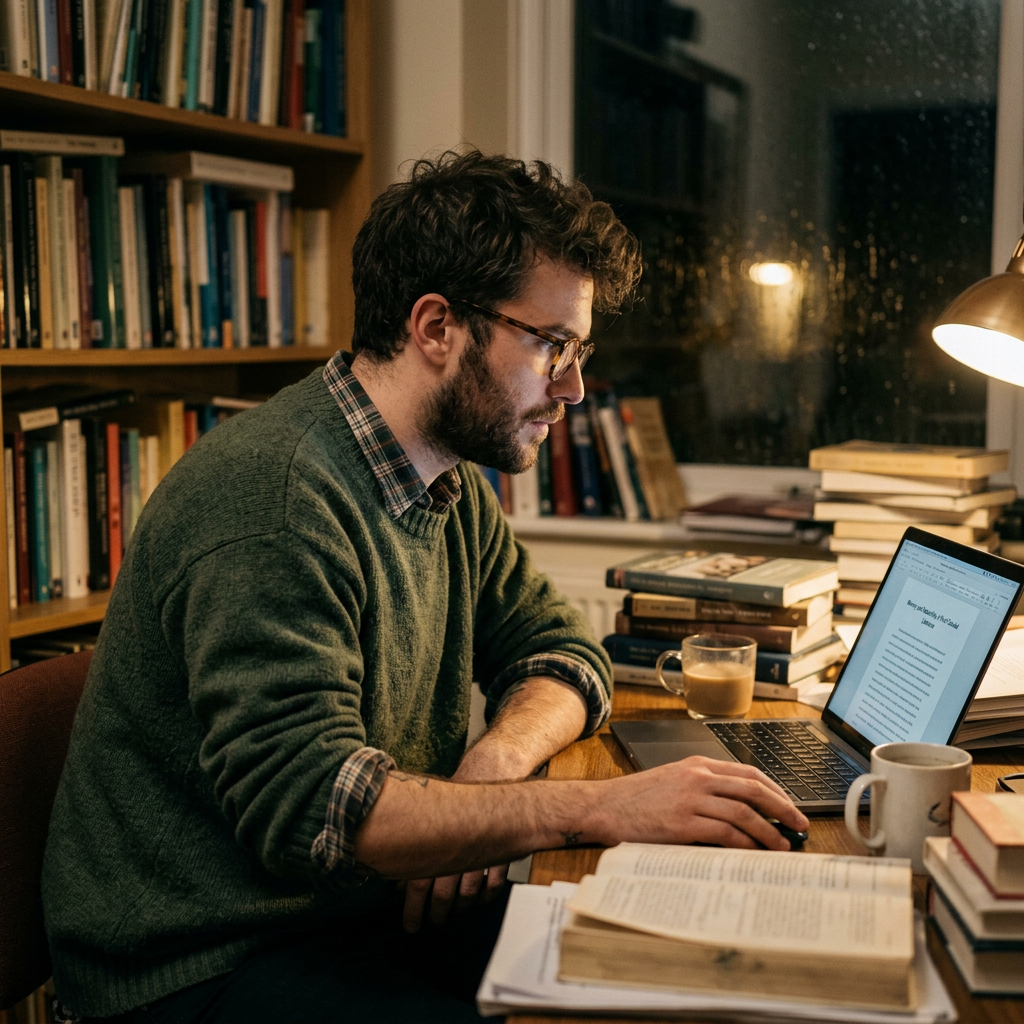 Sexy male humanities graduate student working on computer thinking about How to Describe Research Experience on a CV