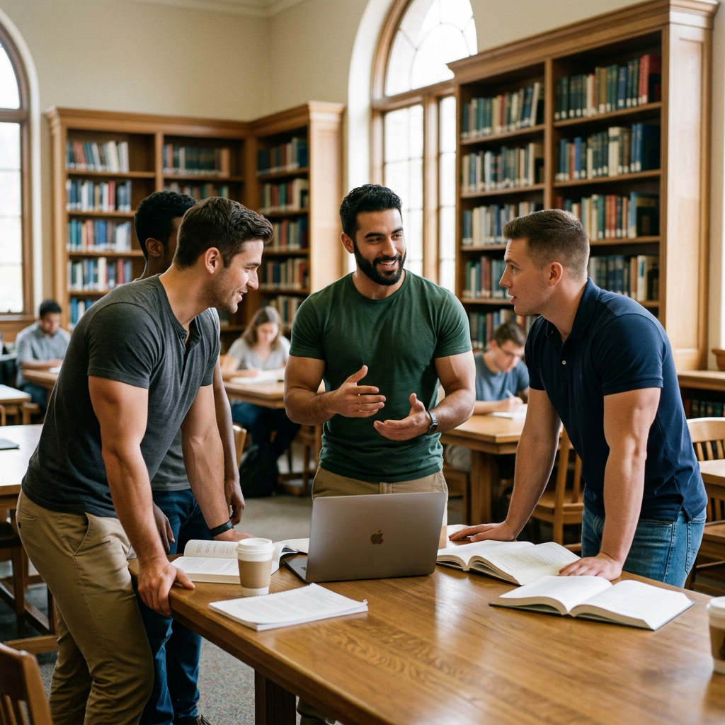 Four students standing around a library table with books and a laptop, engaged in discussion about What Is a Good Master’s GPA for PhD