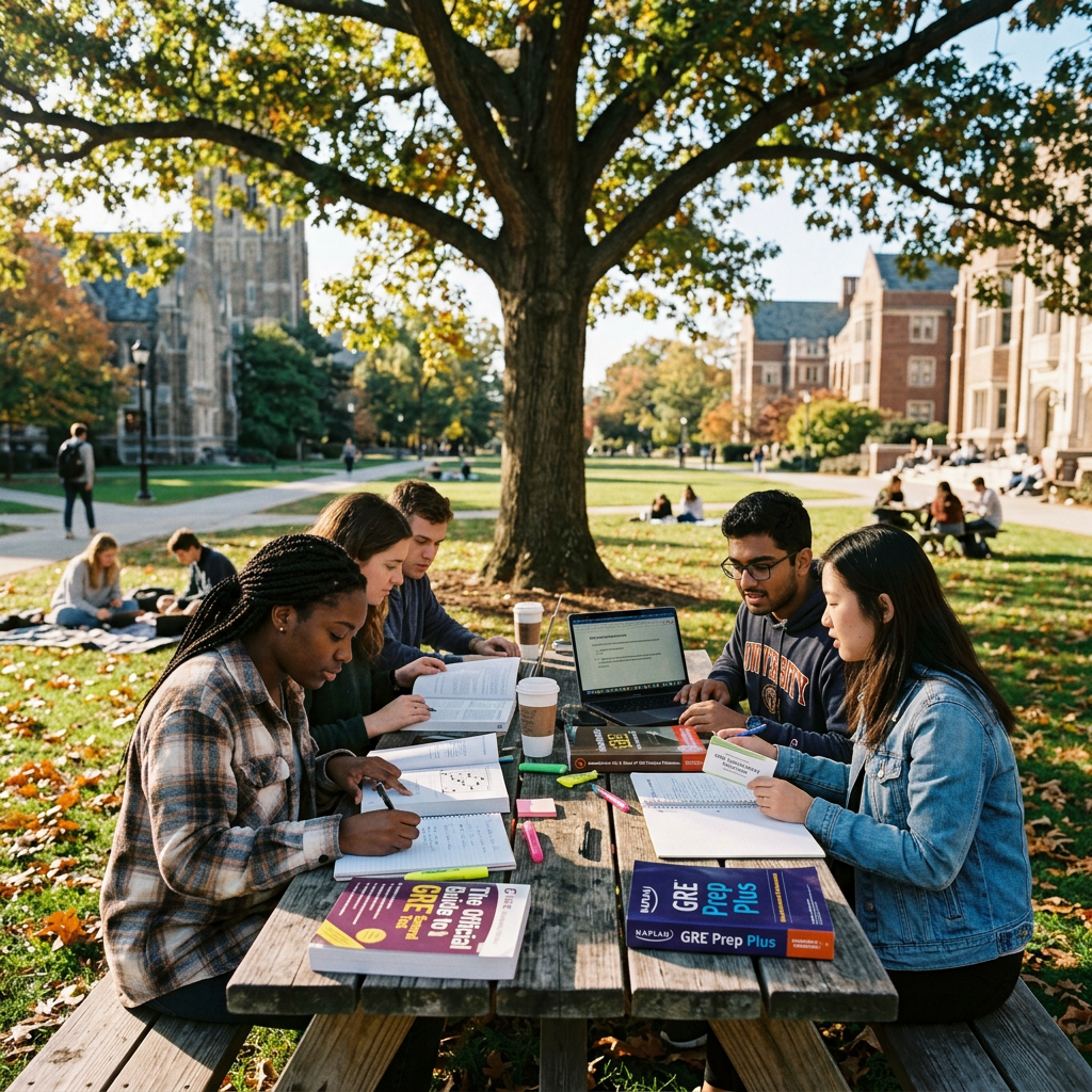 Five students studying GRE preparation books together at an outdoor picnic table under a tree for their phd admission