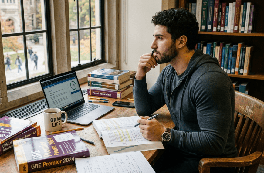 Student studying GRE test prep books and notes with laptop in library