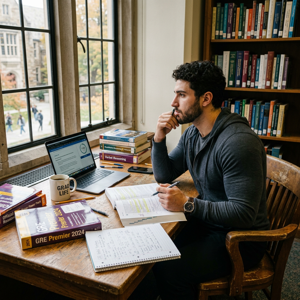 Student studying GRE test prep books and notes with laptop in library
